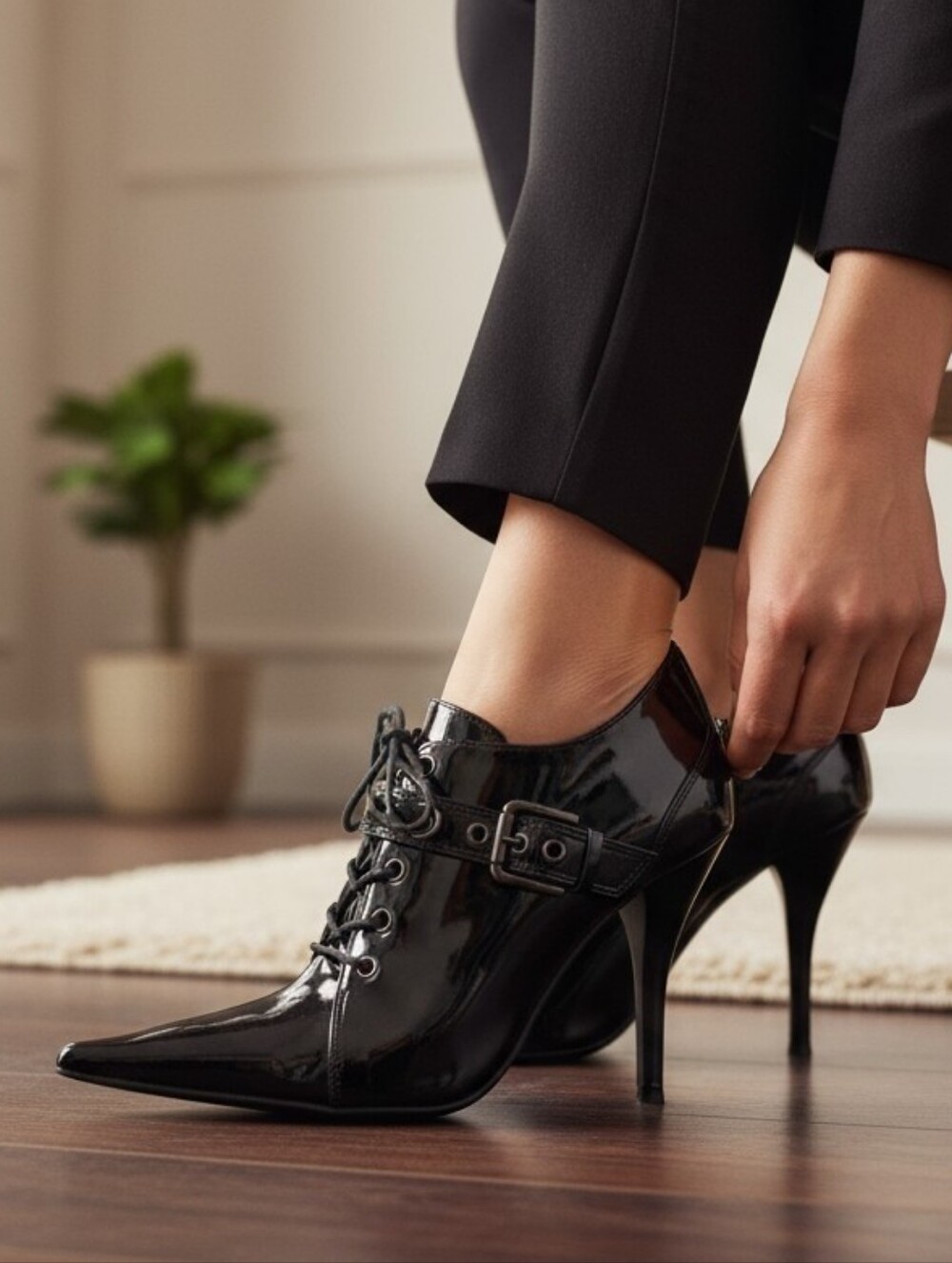 Anne Michelle Black Patent Pointed Lace-Up Stiletto Heels with Buckle 1091